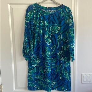 Vibrant Blue and Green Leaf Print Dress